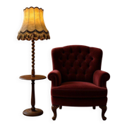 Lampadaire vintage en bois avec abat-jour à franges