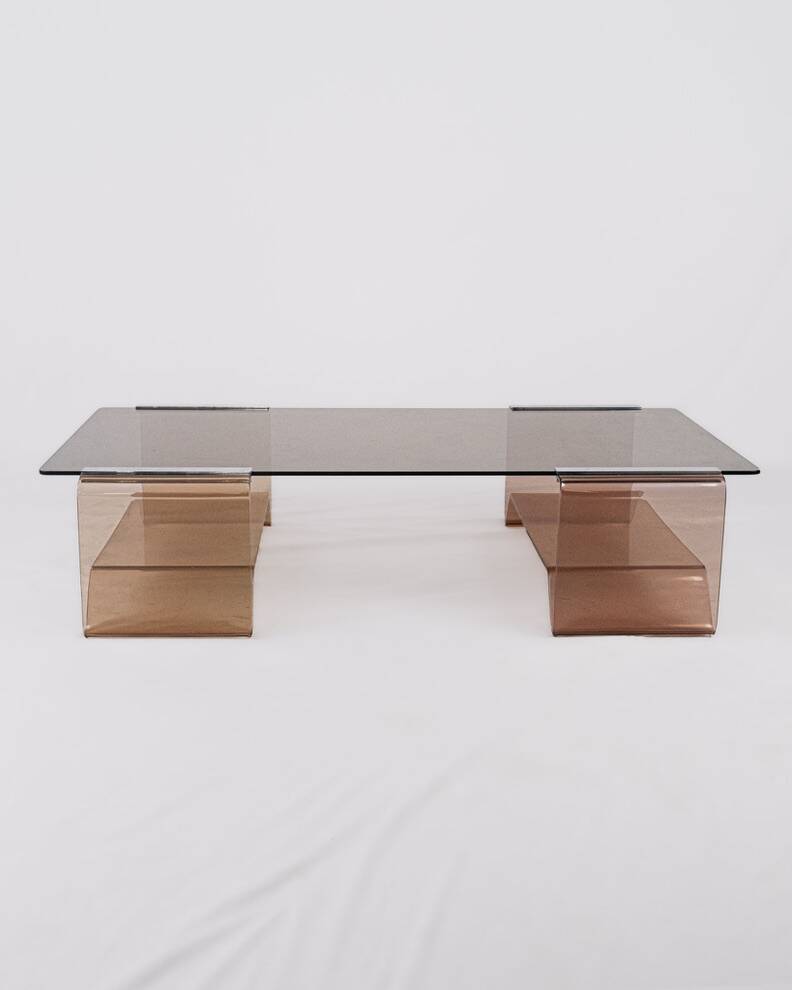 Table basse en plexi fumé et verre, Michel Dumas, France, 1970