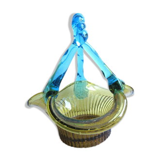 Empty pocket Three-fold basket Amber glass and blue handle, George SAND: Portieux