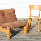 Pine and velvet armchair