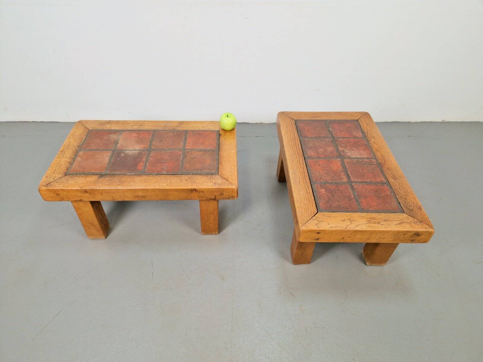 Brutalist Oak Side Table with Terracotta Tiles, 1950s, Set of 2