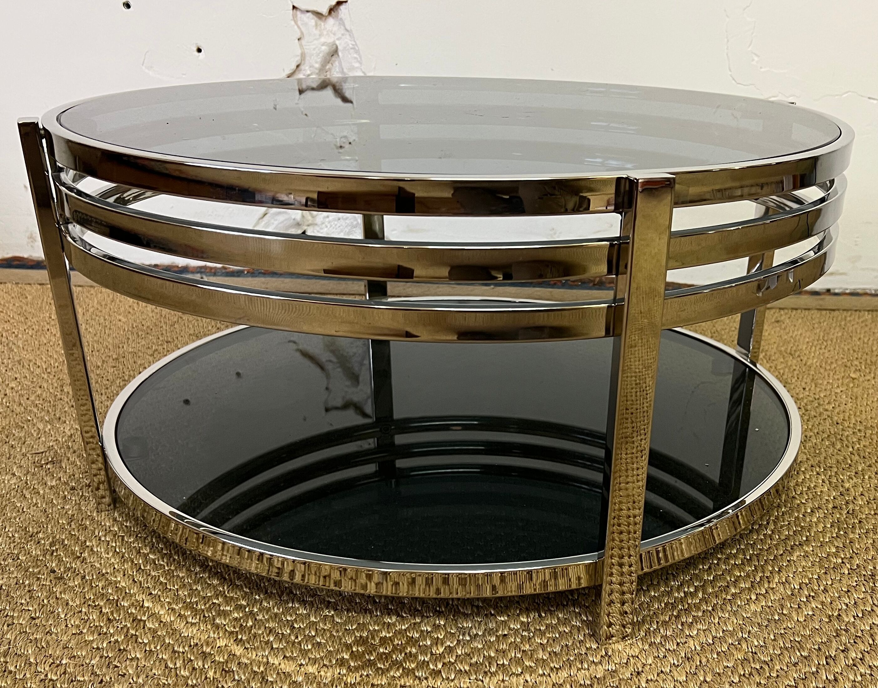 Coffee table in chromed metal and smoked glass, 1970