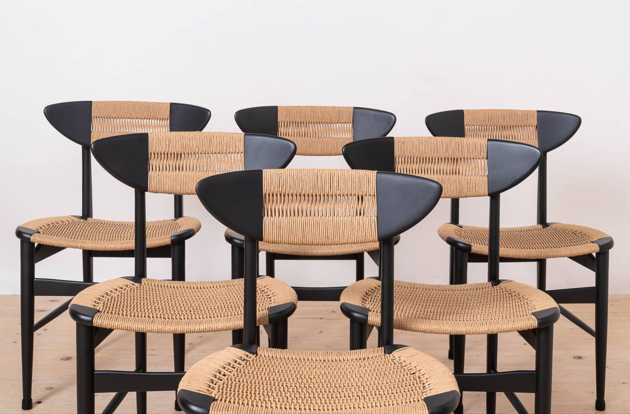 Set of 6 Scandinavian Modern Dining Chairs, Rope Seating and Backrest, 1960