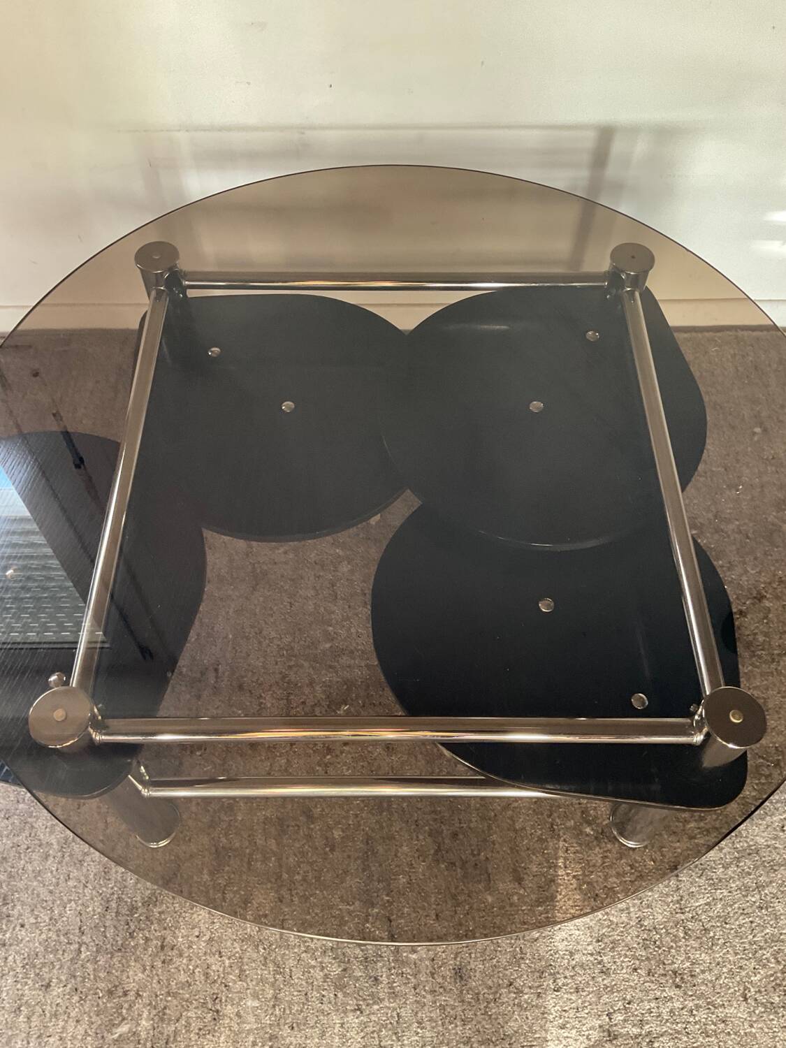 Vintage 1980s coffee table in smoked glass and chrome metal