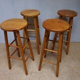 Set of 4 midcentury vintage high pine bar stools