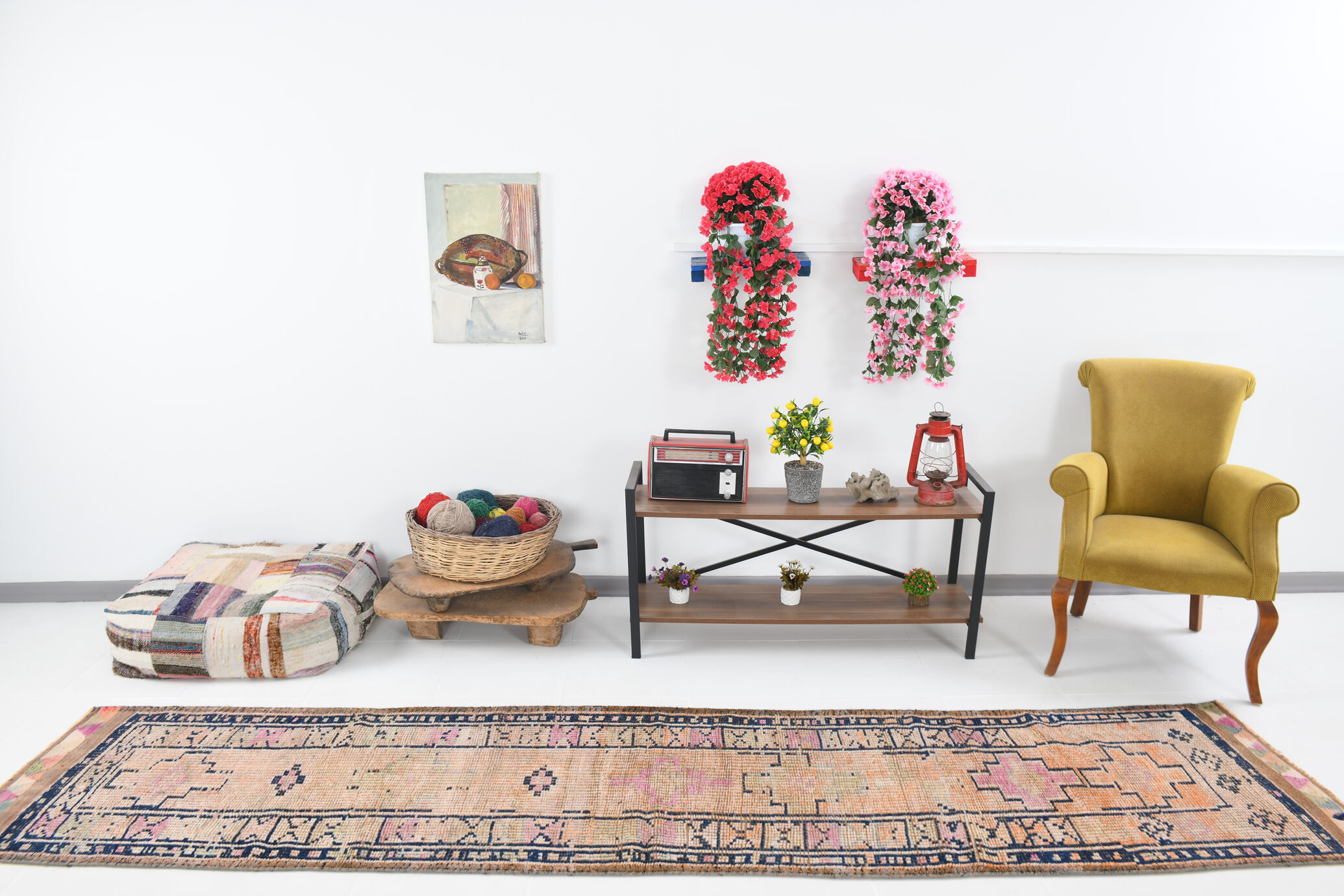 Pale orange & navy blue vintage runner rug 78x357cm