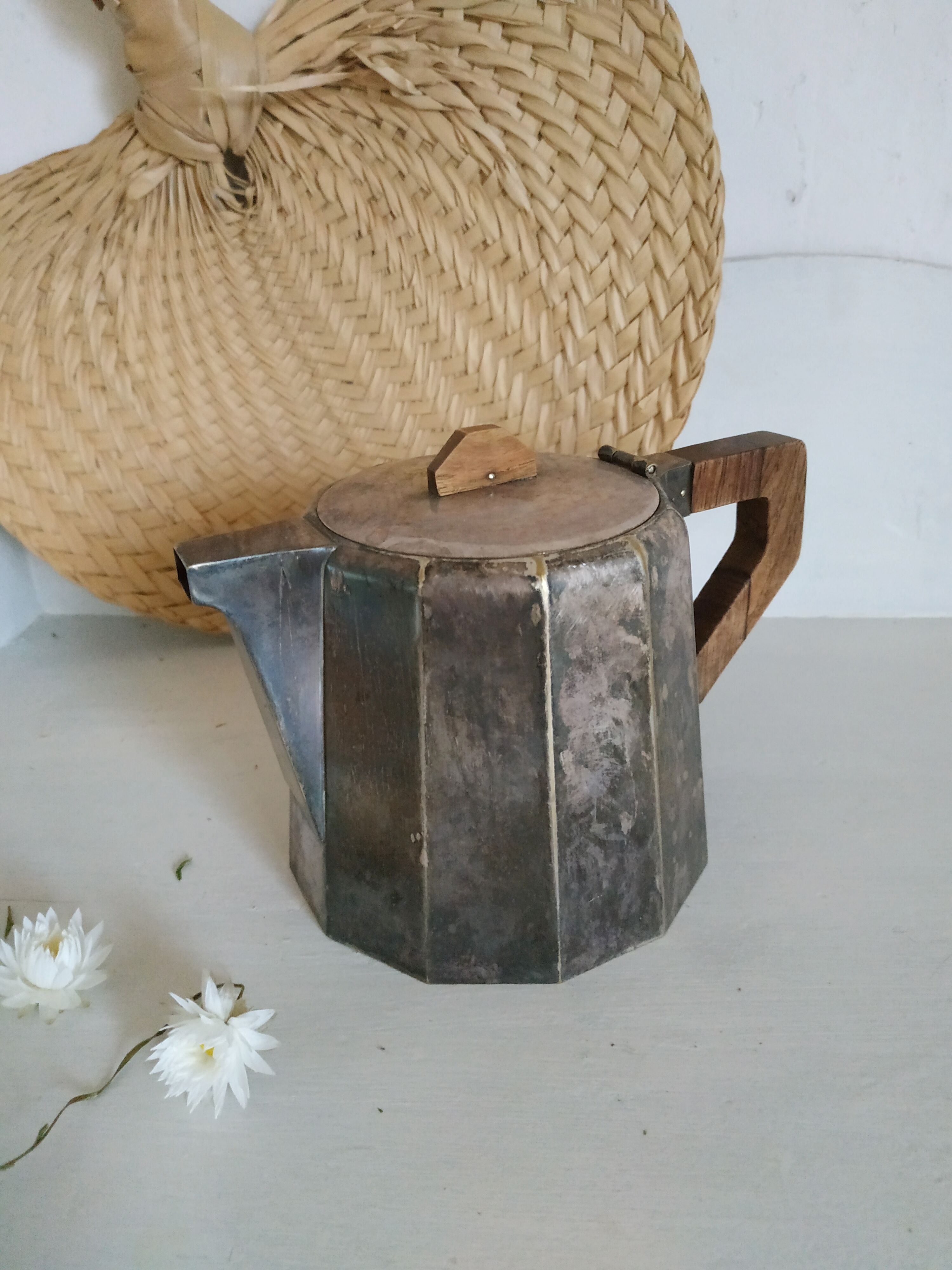 Old silver and wood teapot