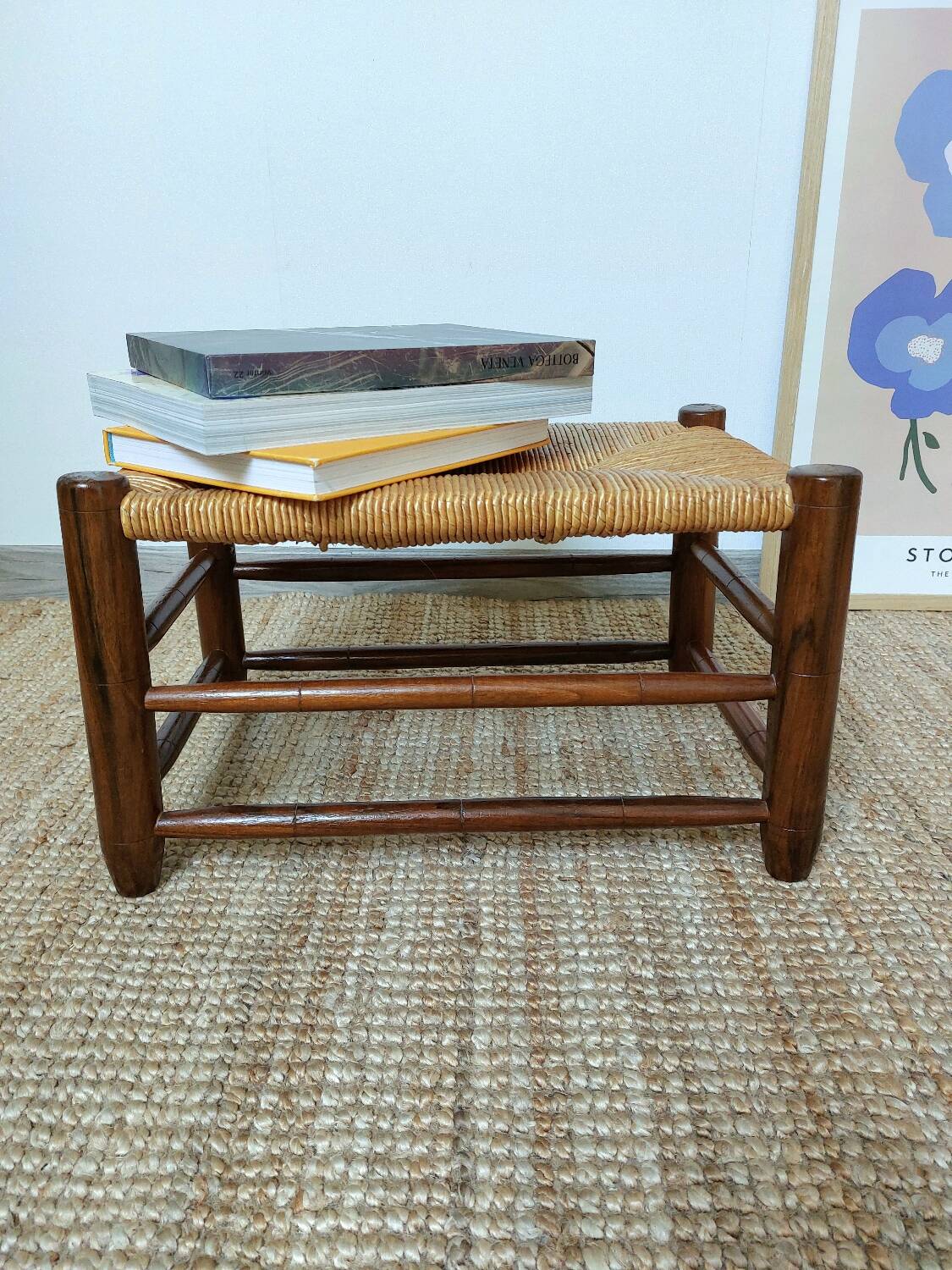 Vintage woven straw wooden stool