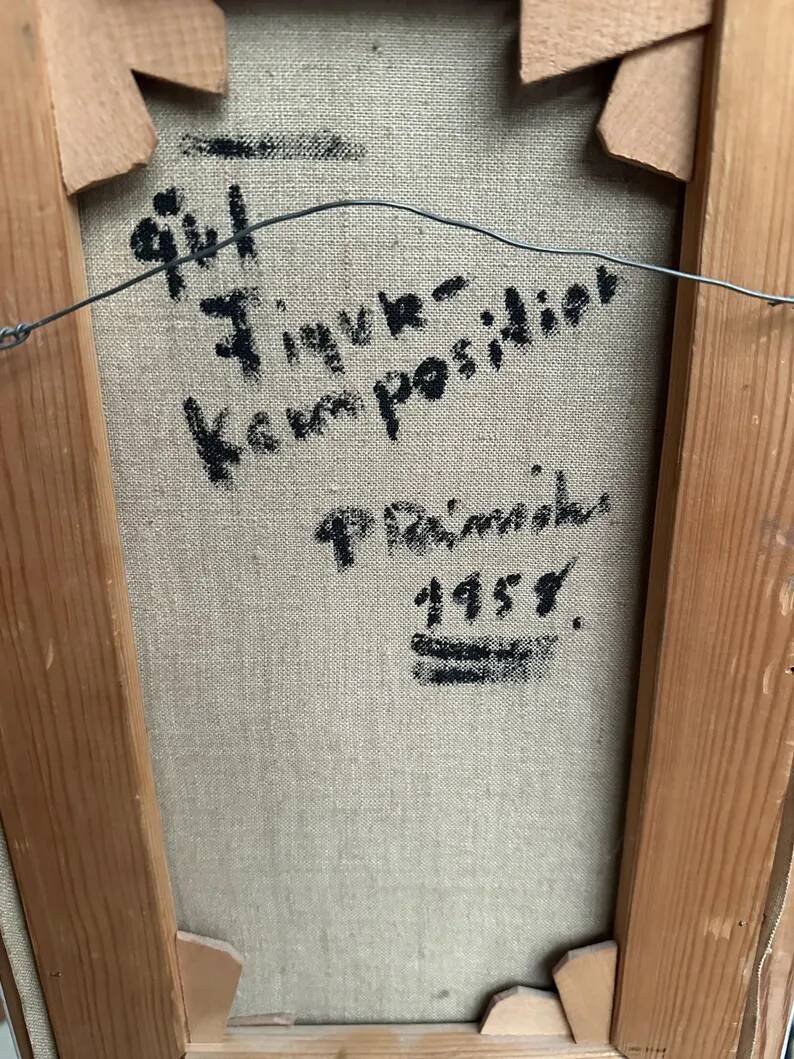 Original Danish Oil on Canvas – “Gul Figurkomposition” by P. Primdahl – Signed – Dated 1958 – Vintage & Framed – 43 × 27 cm (16.9" × 10.6")
