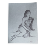 Signed watercolor painting on Denim paper portrait of a woman “waiting for the bath”