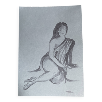 Signed watercolor painting on Denim paper portrait of a woman “waiting for the bath”