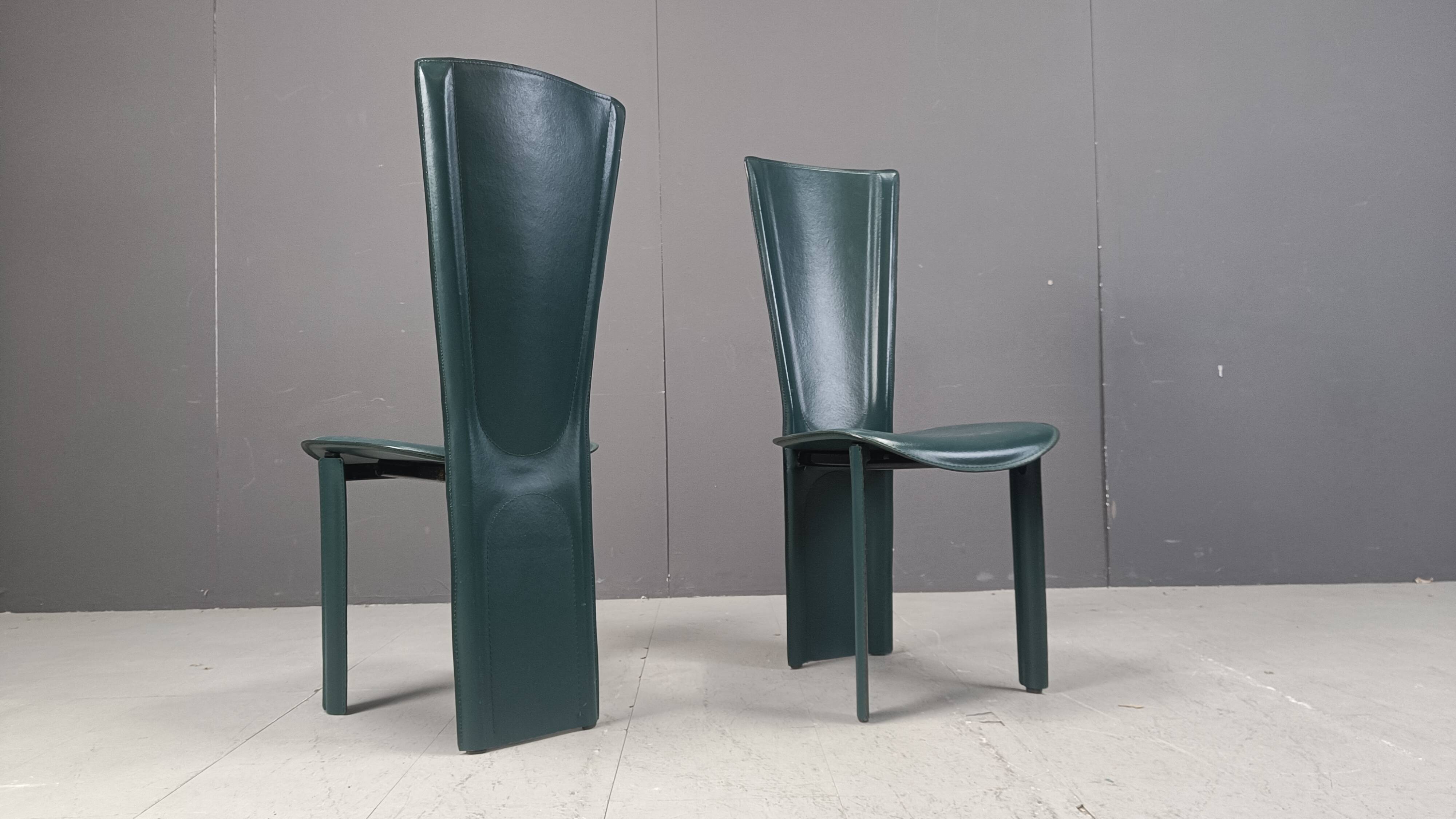 Vintage green leather dining chairs, 1980s - set of 4