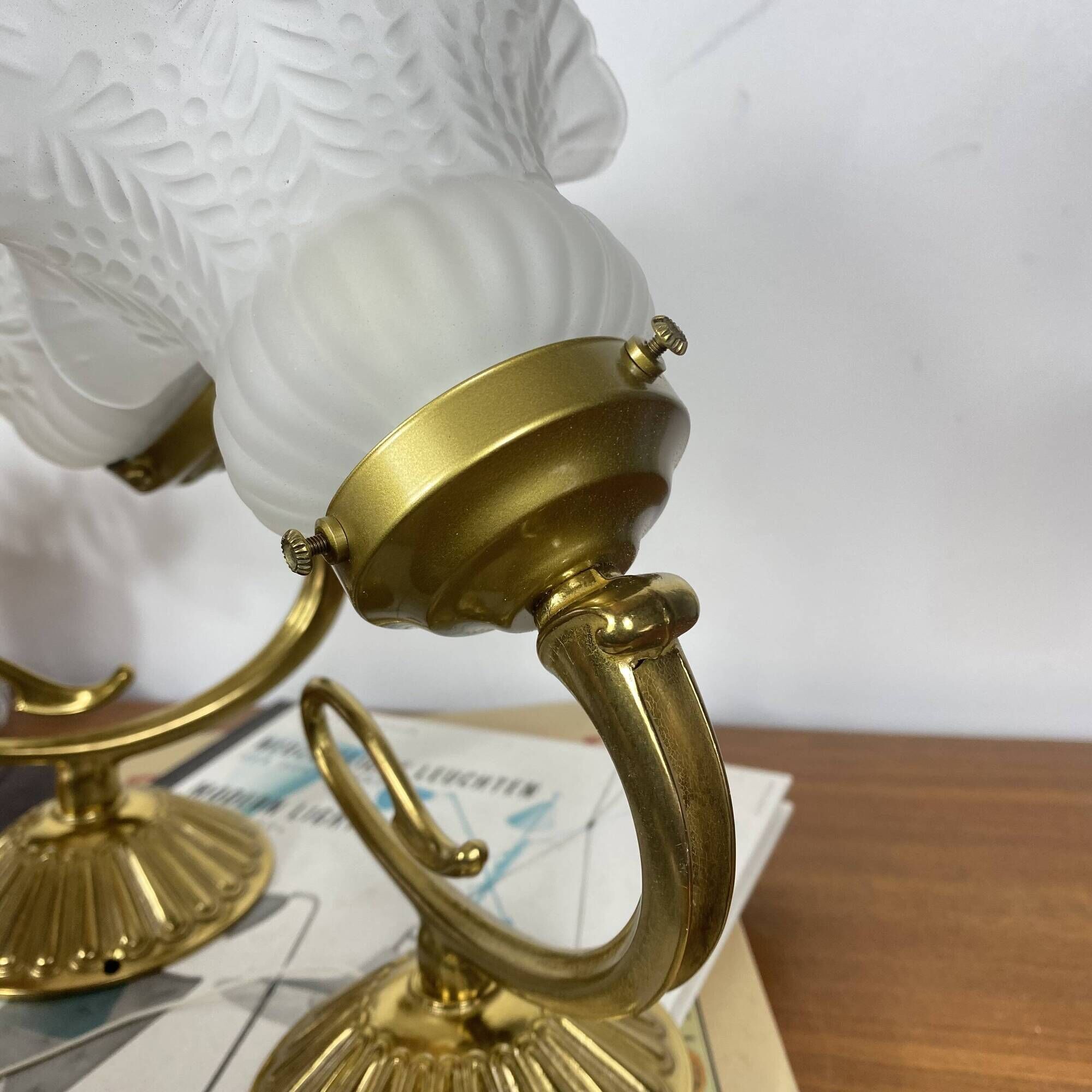 Pair of antique wall sconces with swan neck in brass, glass tulip.