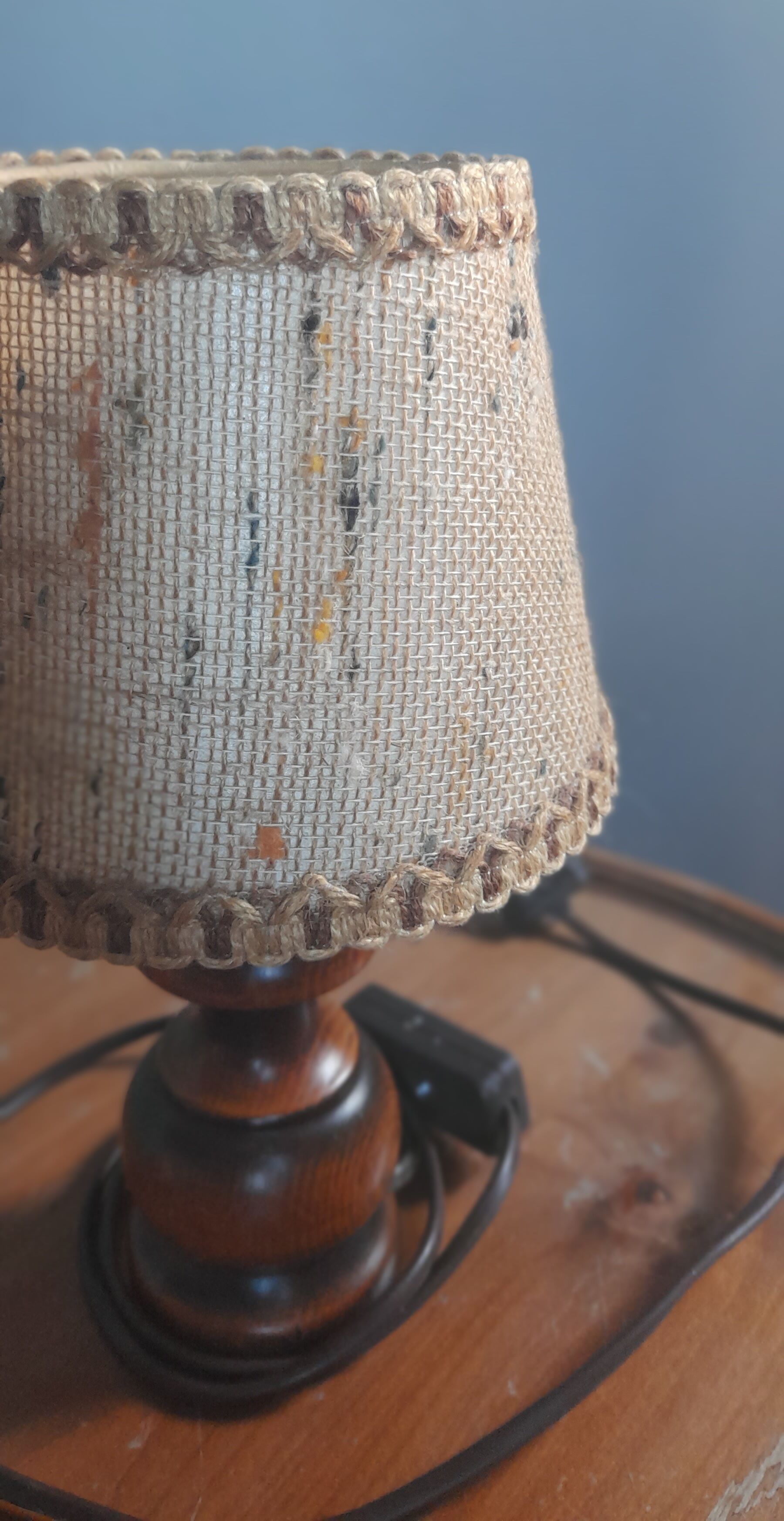 Bedside lamp wooden foot, clip jute lampshade, seventies
