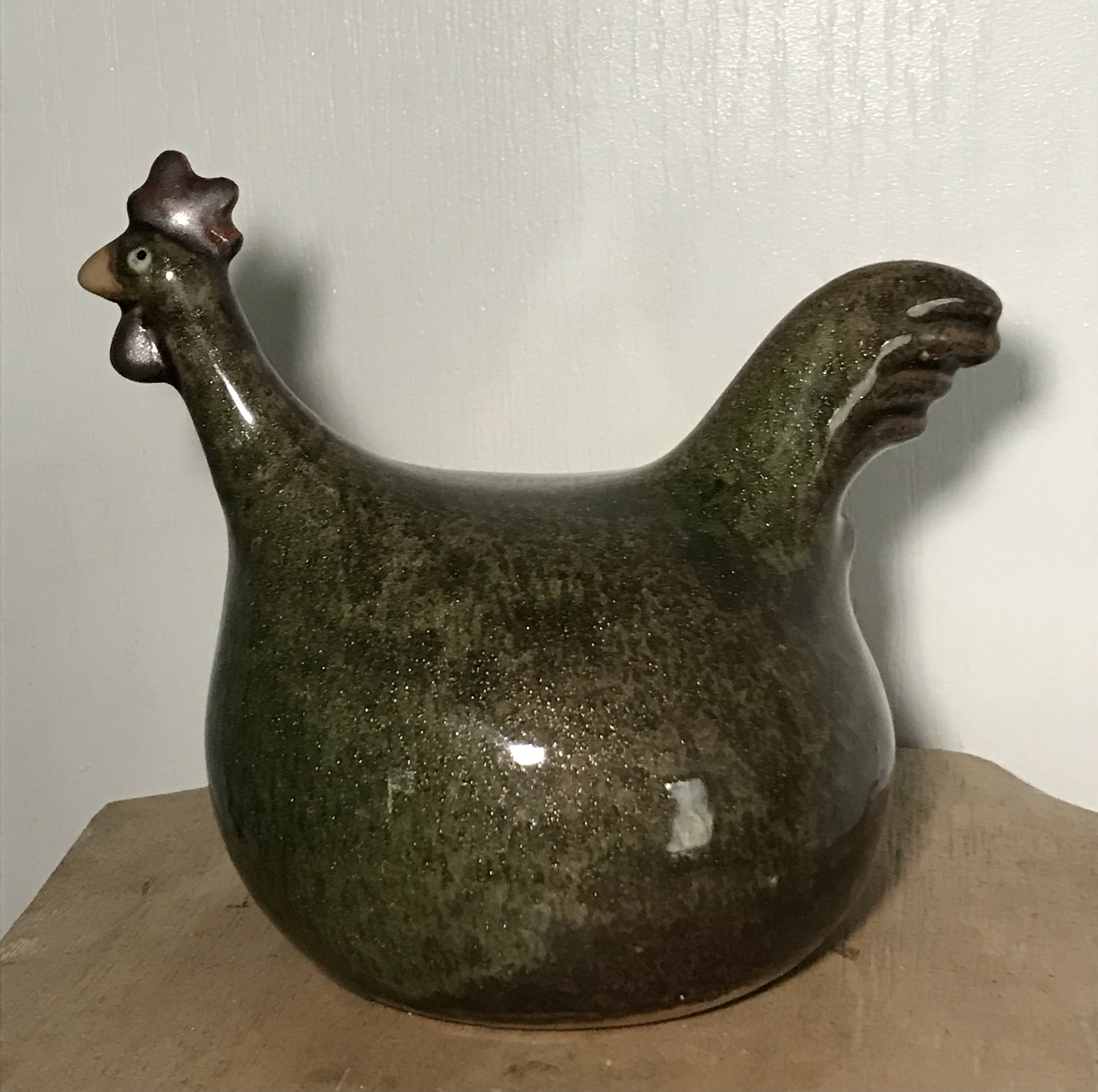 Vintage Rooster Figurine in Olive Green Glazed Stoneware with Glitter Effect 16 cm