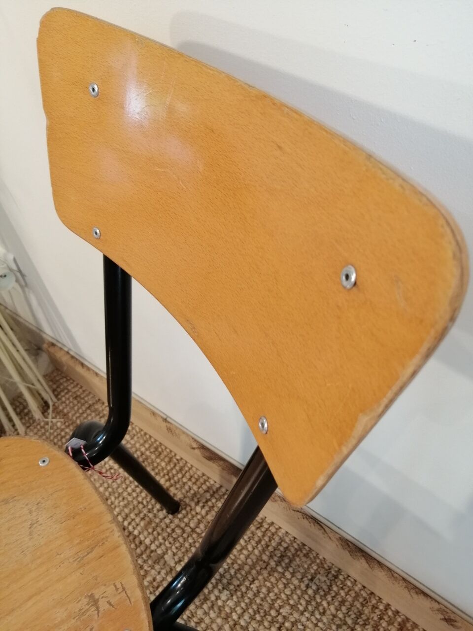 Series of 4 wooden and metal school chairs