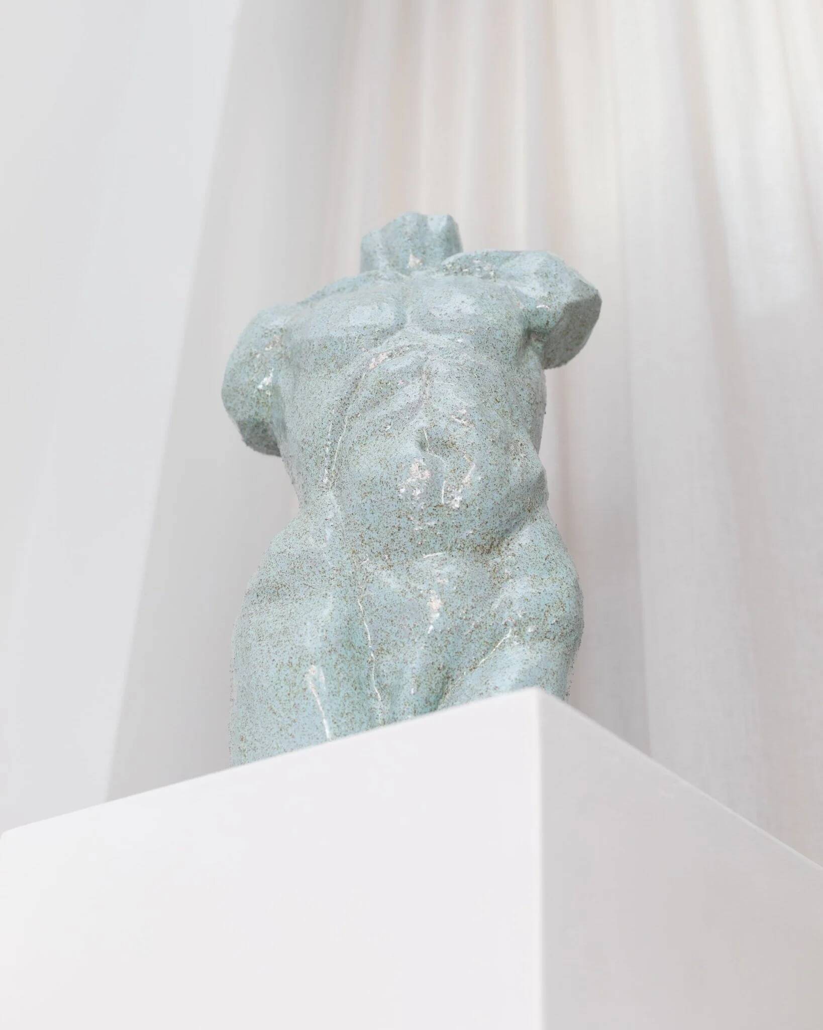 Light blue clay ceramic torso statue – mid-century design sculpture, heavy studio piece