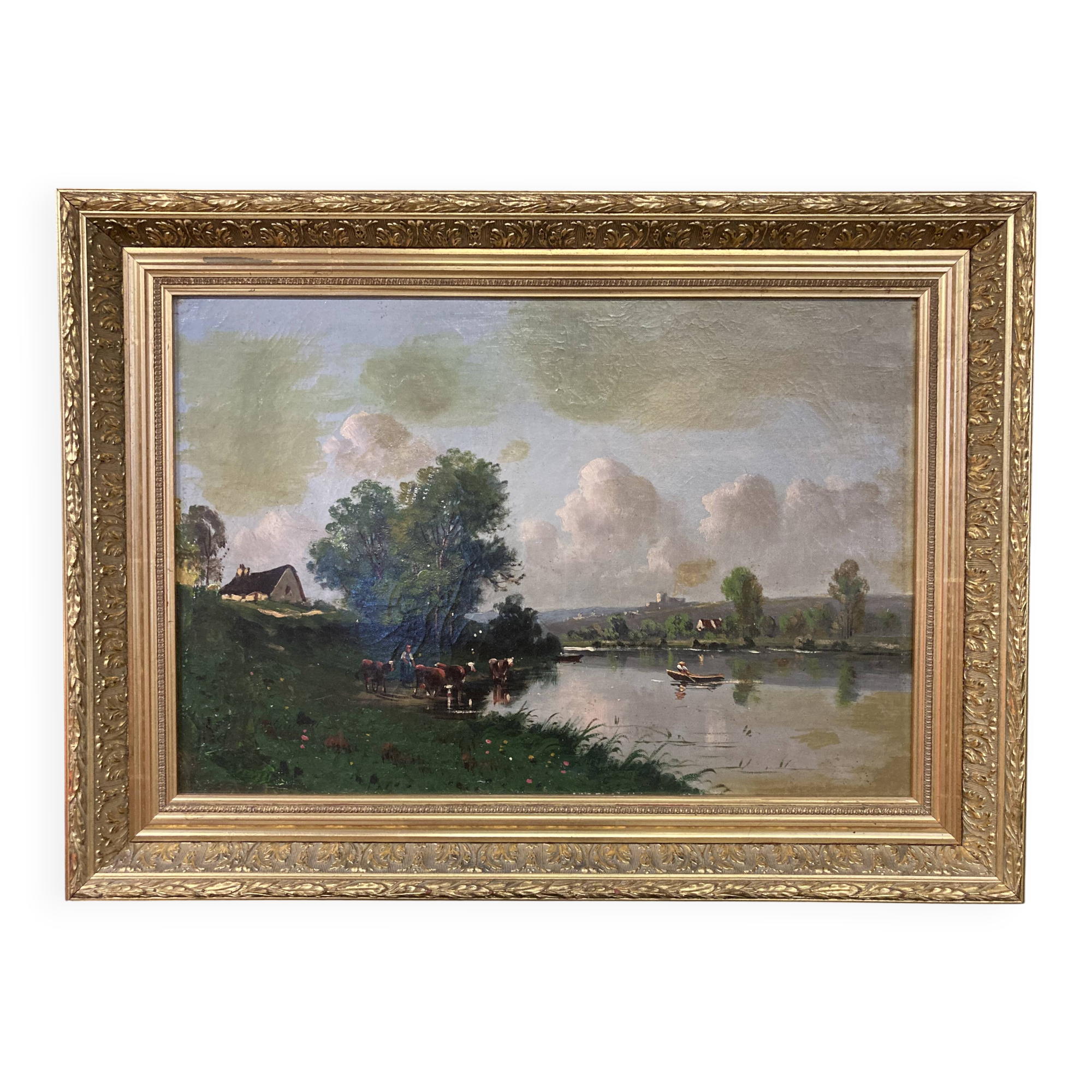 Norman lake landscape, 19th century oil on canvas, signed and framed
