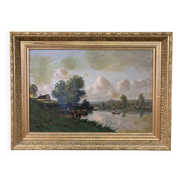 Norman lake landscape, 19th century oil on canvas, signed and framed