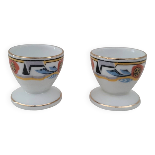 Coquetiers en porcelaine MLV, décor géométrique, années 1930
