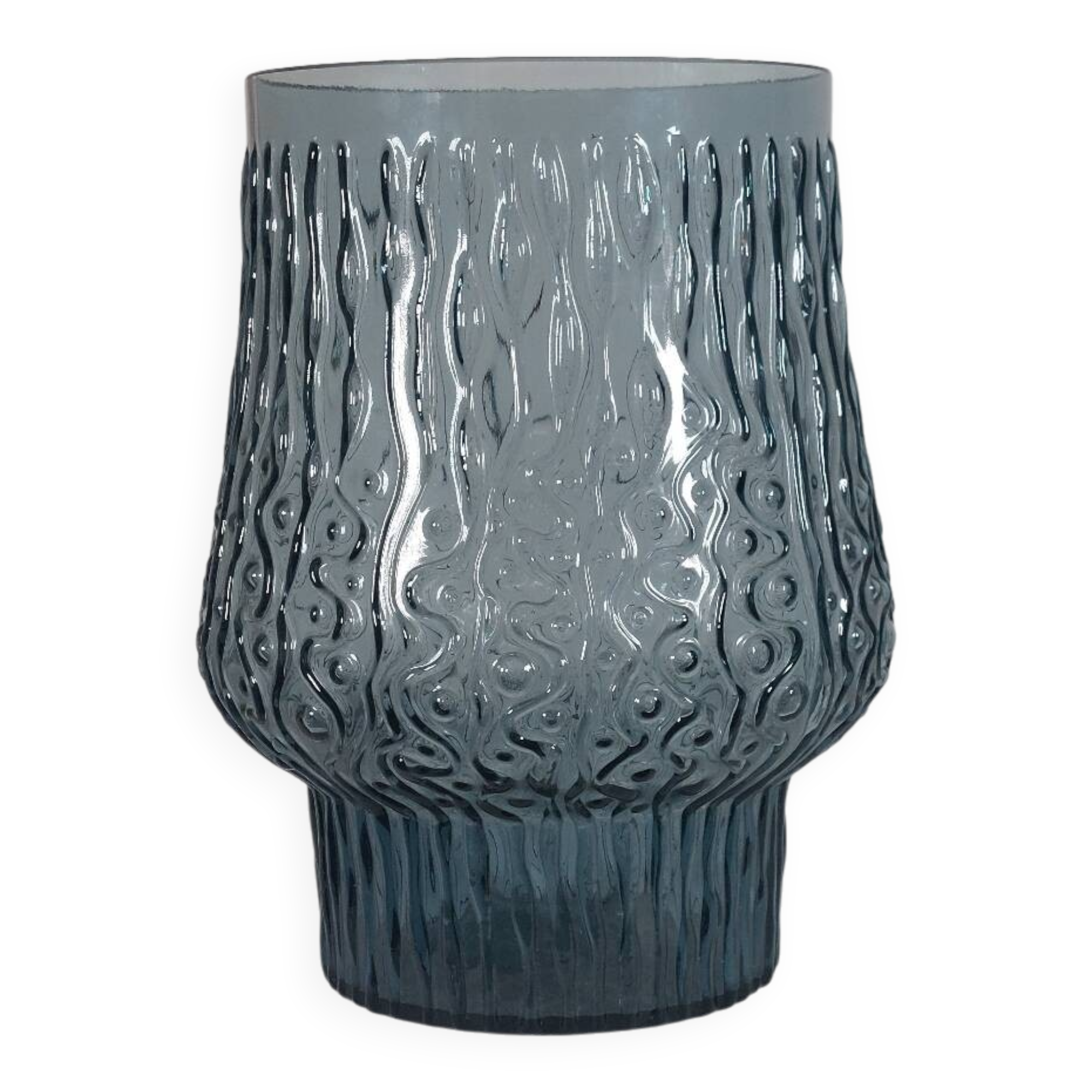 Vase vintage en verre pressé gris-bleu à décor ondulé