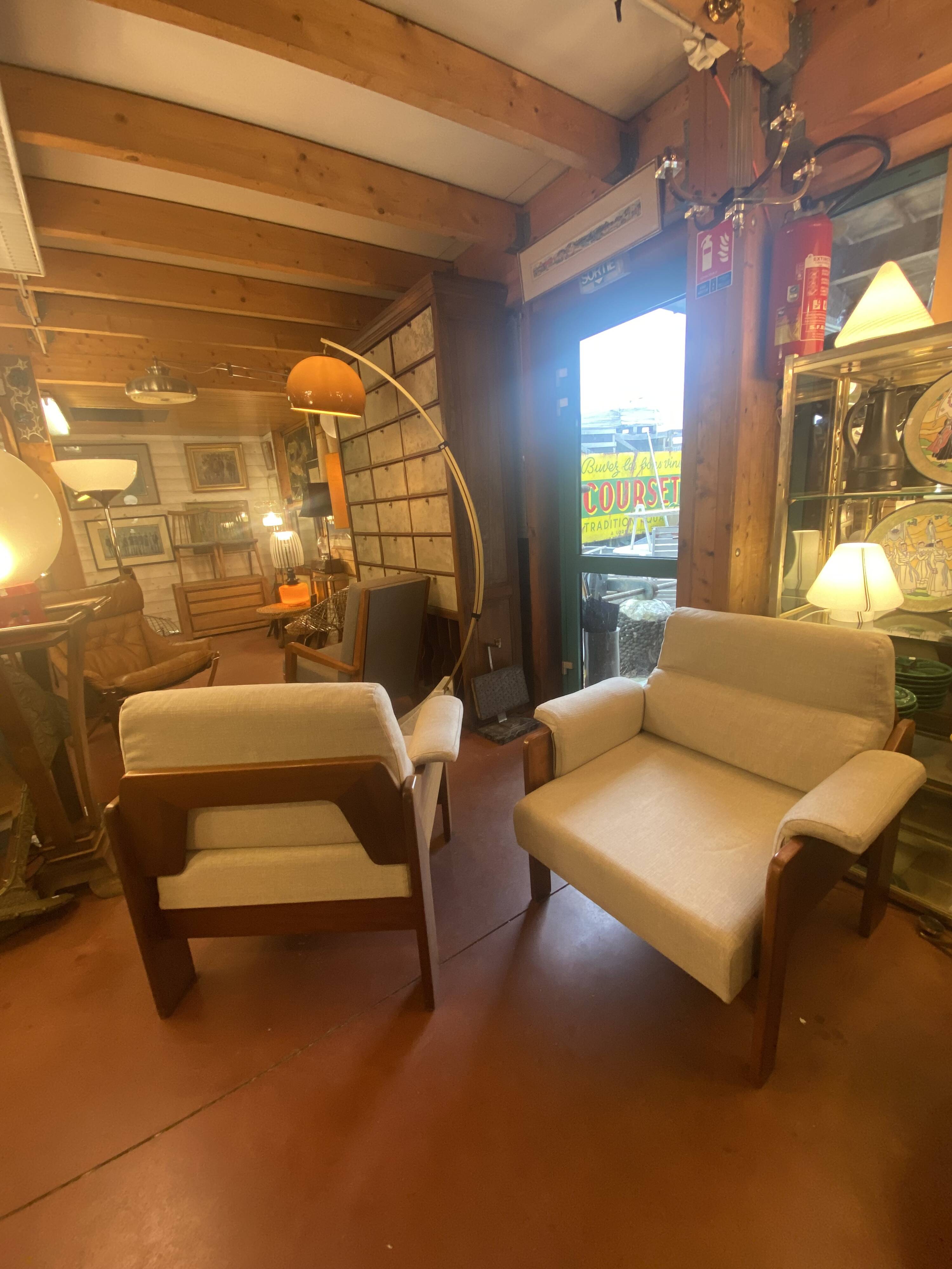 2 teak and fabric armchairs, 1960s