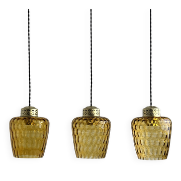 Lot 3 anciennes suspensions en verre texturé ambré vintage