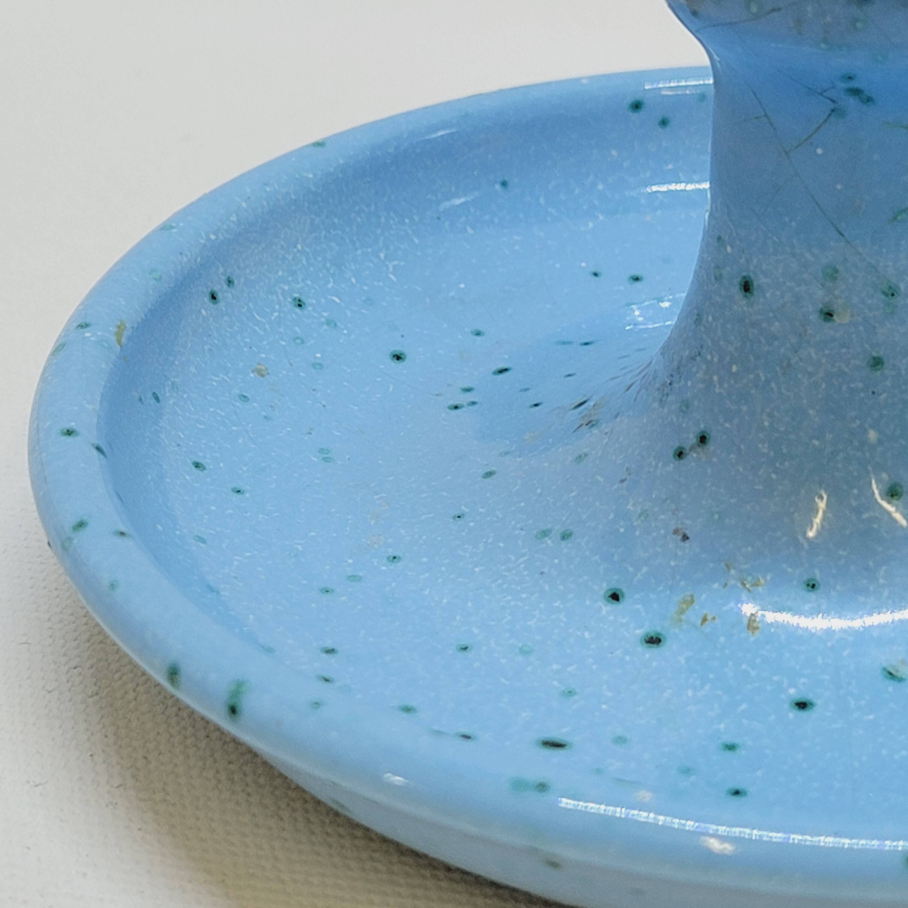 Light blue glazed ceramic candle holder with green speckled signed scorpion stamp