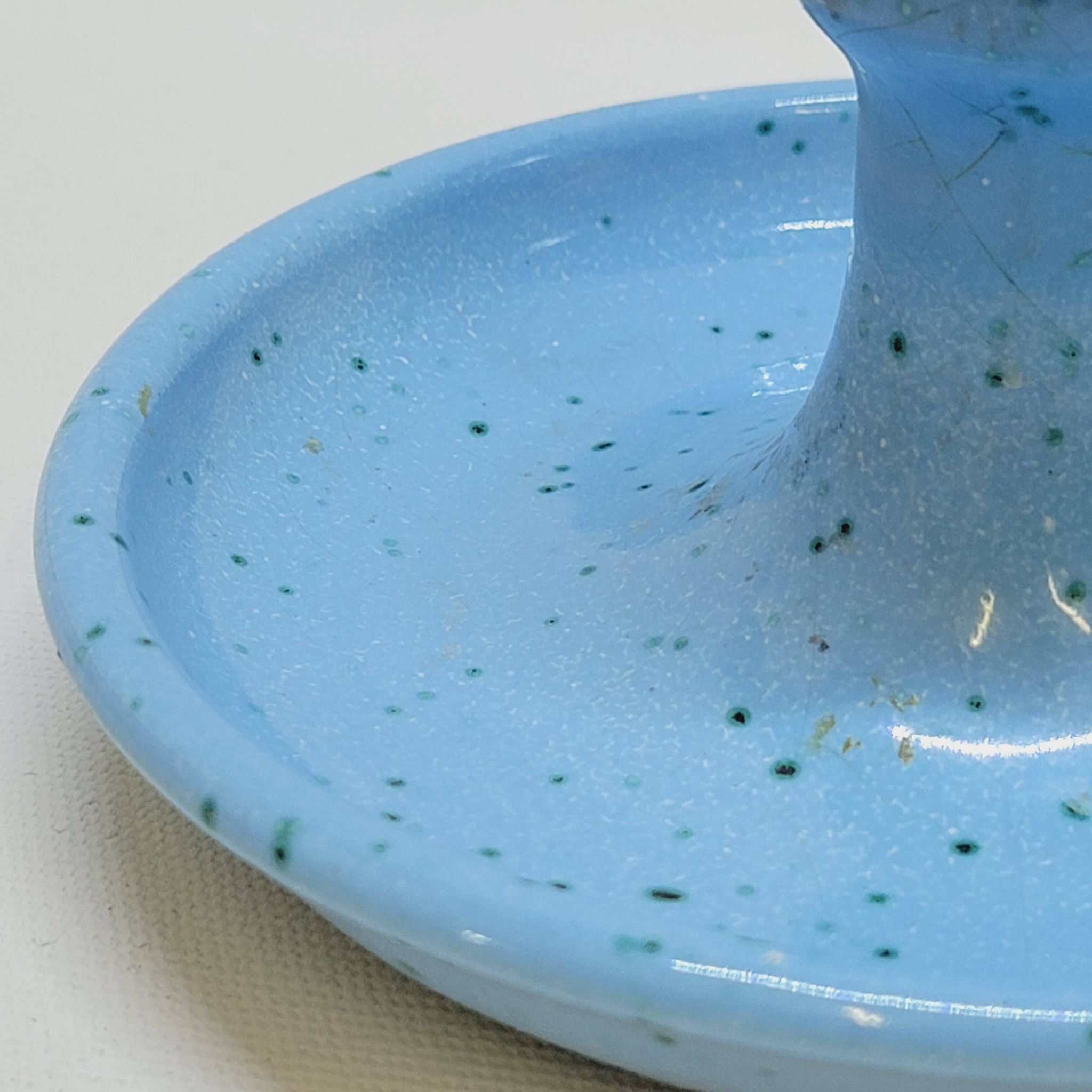 Light blue glazed ceramic candle holder with green speckled signed scorpion stamp