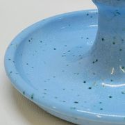 Light blue glazed ceramic candle holder with green speckled signed scorpion stamp