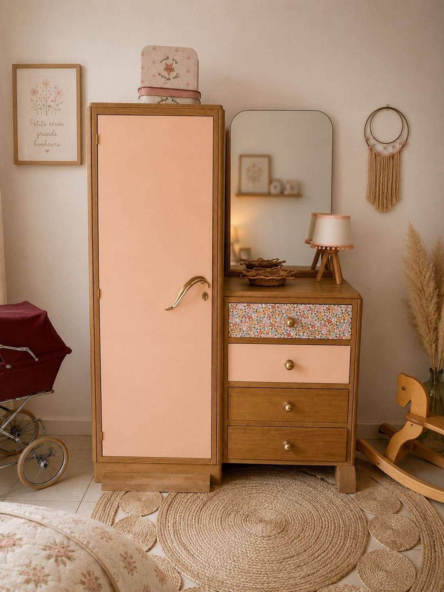 Asymmetrical floral wardrobe, natural oak & powder pink