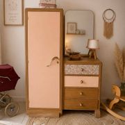 Asymmetrical floral wardrobe, natural oak & powder pink