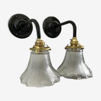 Pair of vintage holophane glass wall lamps electrified to nine