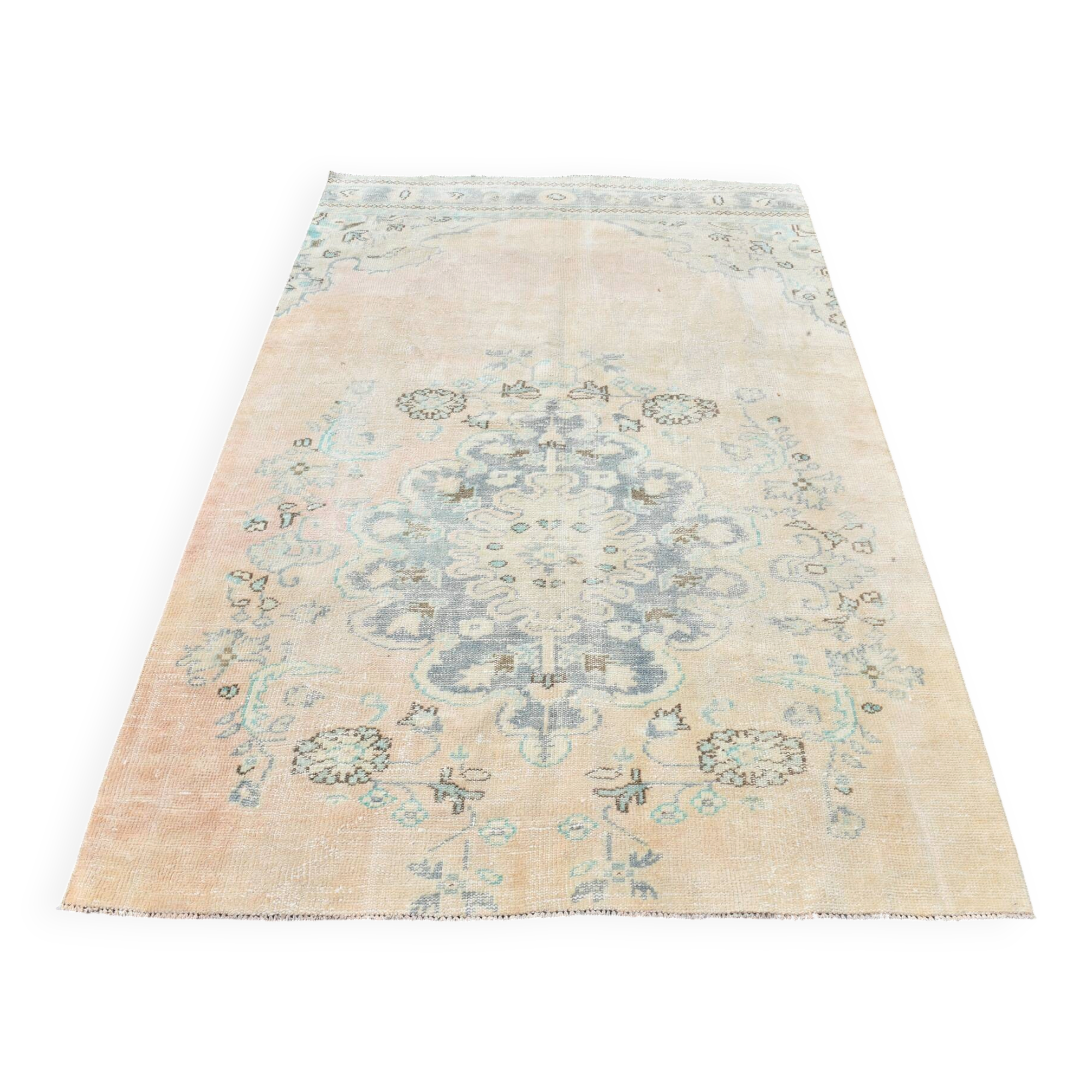 Tapis Oushak Vintage, Laine Turque Beige Pêche & Bleu Délavé, 159x227 Cm