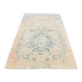 Tapis Oushak Vintage, Laine Turque Beige Pêche & Bleu Délavé, 159x227 Cm