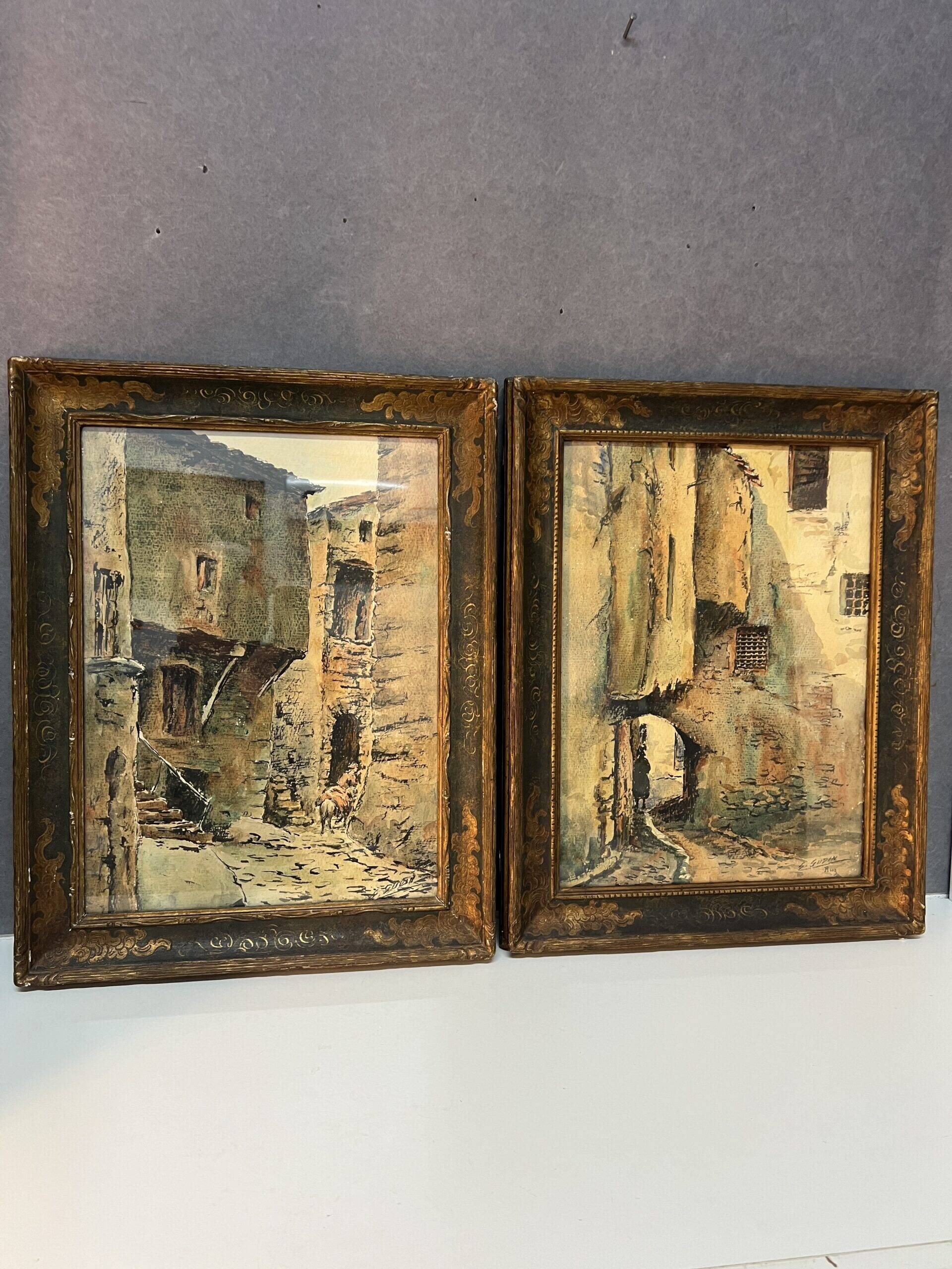 Watercolor by Emile Gudin (1874-1957), rue de Riez, southern town