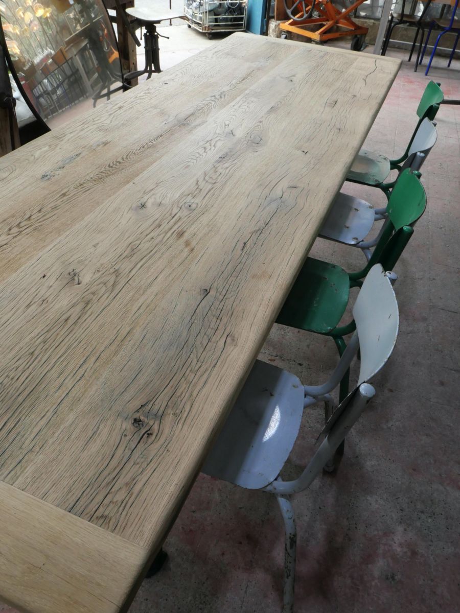 Industrial table solid oak tray and cast-iron footing