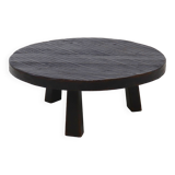 Table basse ronde à trépied brutaliste en chêne massif teinté des années 1970