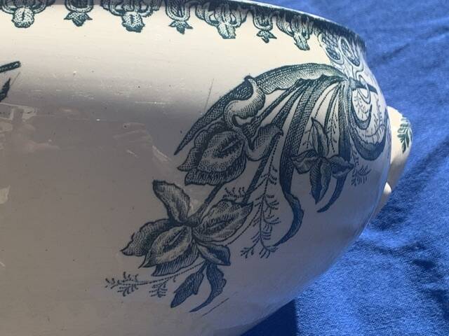 Soup tureen base, old salad bowl, iron earth with blue iris pattern, 19th century, collector's item