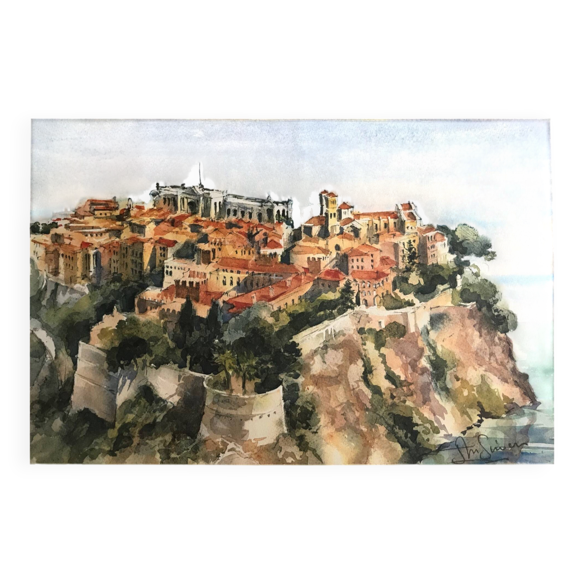 Lithograph Monaco the Palace signed Jean-Marie Simon 20th century