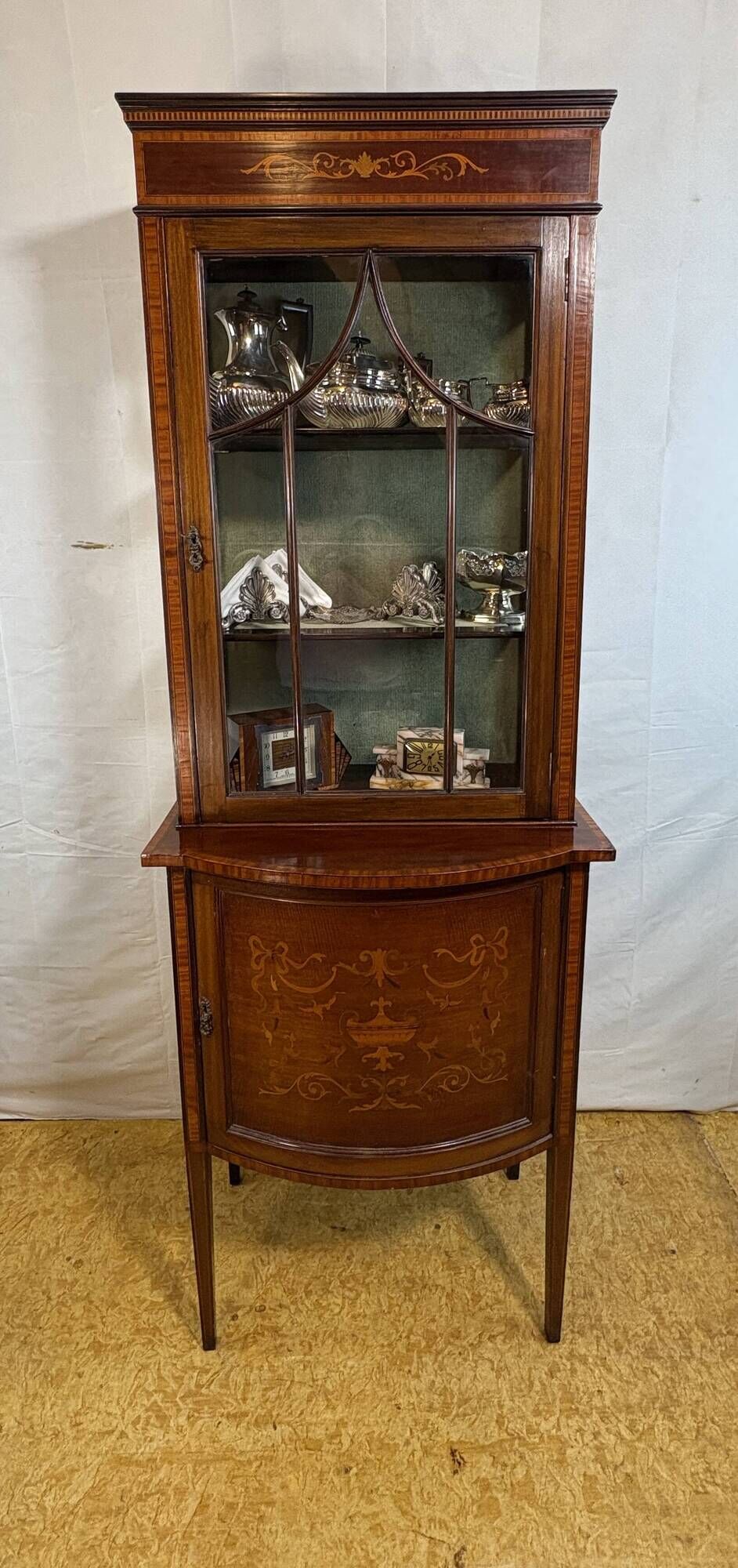Stunning Antique Edwardian Inlaid Mahogany Bow-Front Silver Display Cabinet
