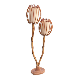 Bamboo and rattan floor lamp 2 lights from the 70s