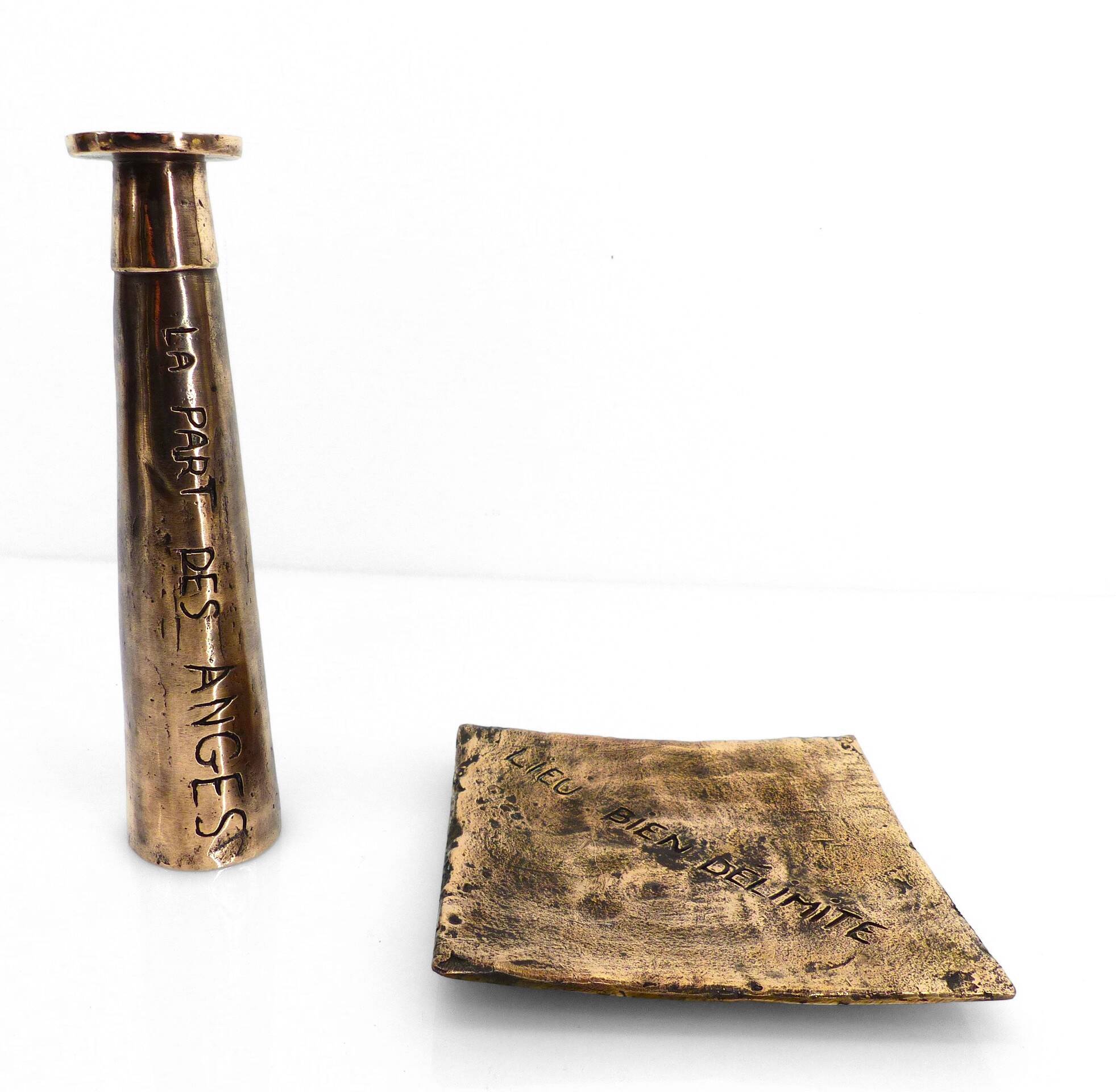 Brutalist bronze ashtray and candle holder set, France, circa 1980