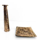 Brutalist bronze ashtray and candle holder set, France, circa 1980