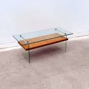 Coffee table by Robert Debiève in ash veneer, glass and brass, France 1950.