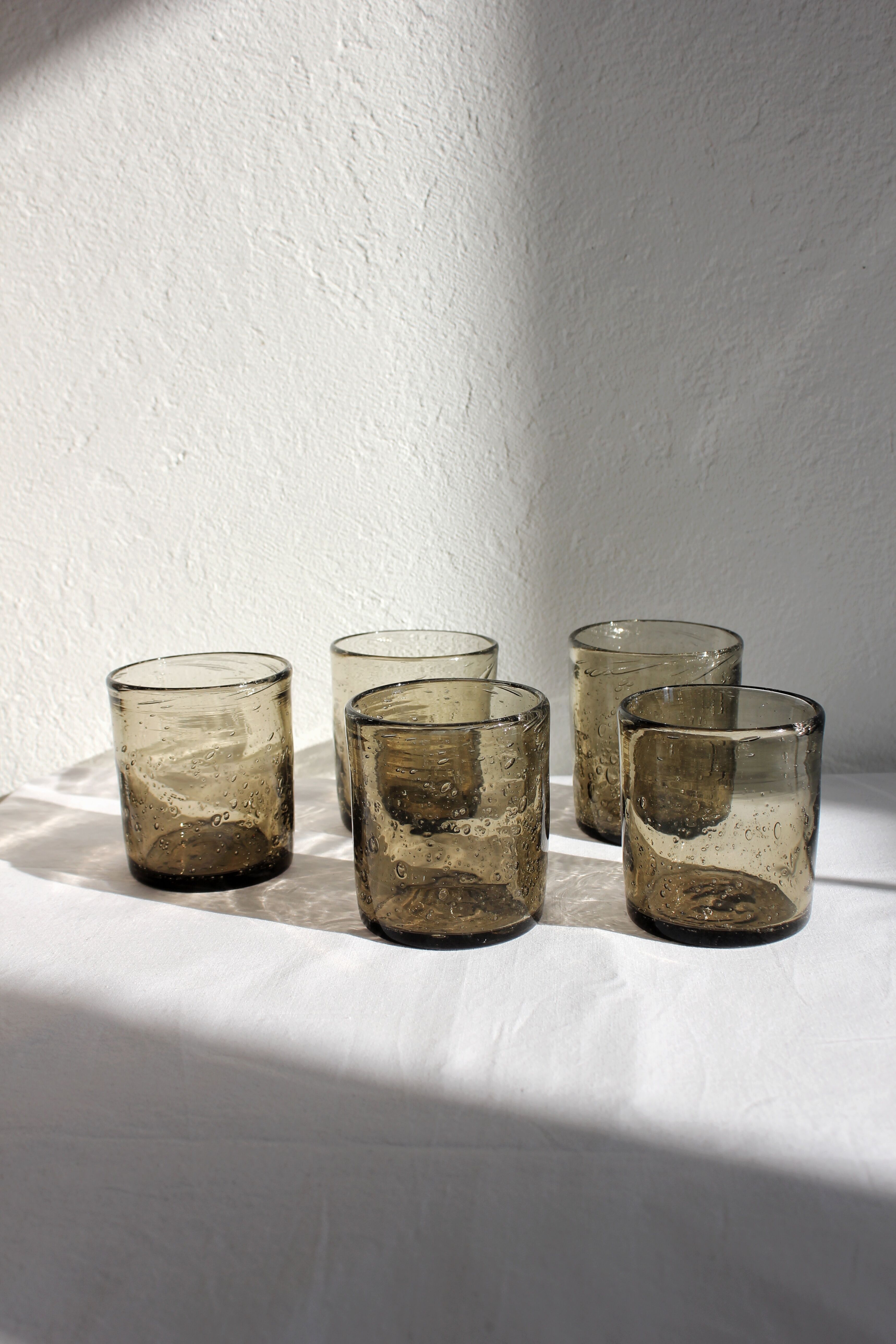 5 vintage water glasses in smoked bubbled glass