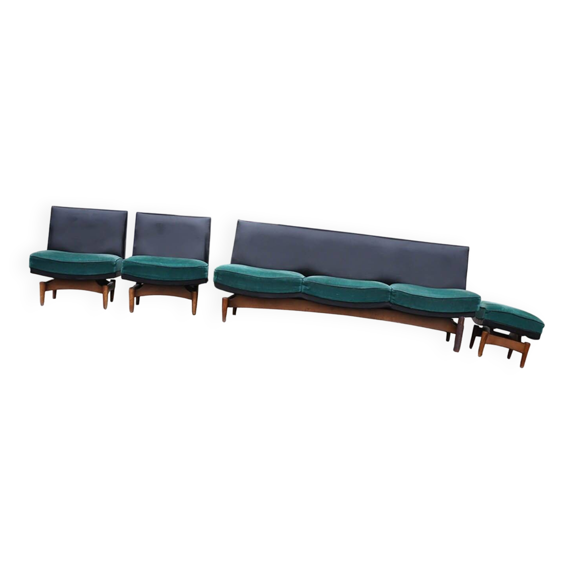 Mid-Century Danish Set 1960s — 3-seater sofa, 2 armchairs and ottoman, turquoise fabric and wood, black backs.