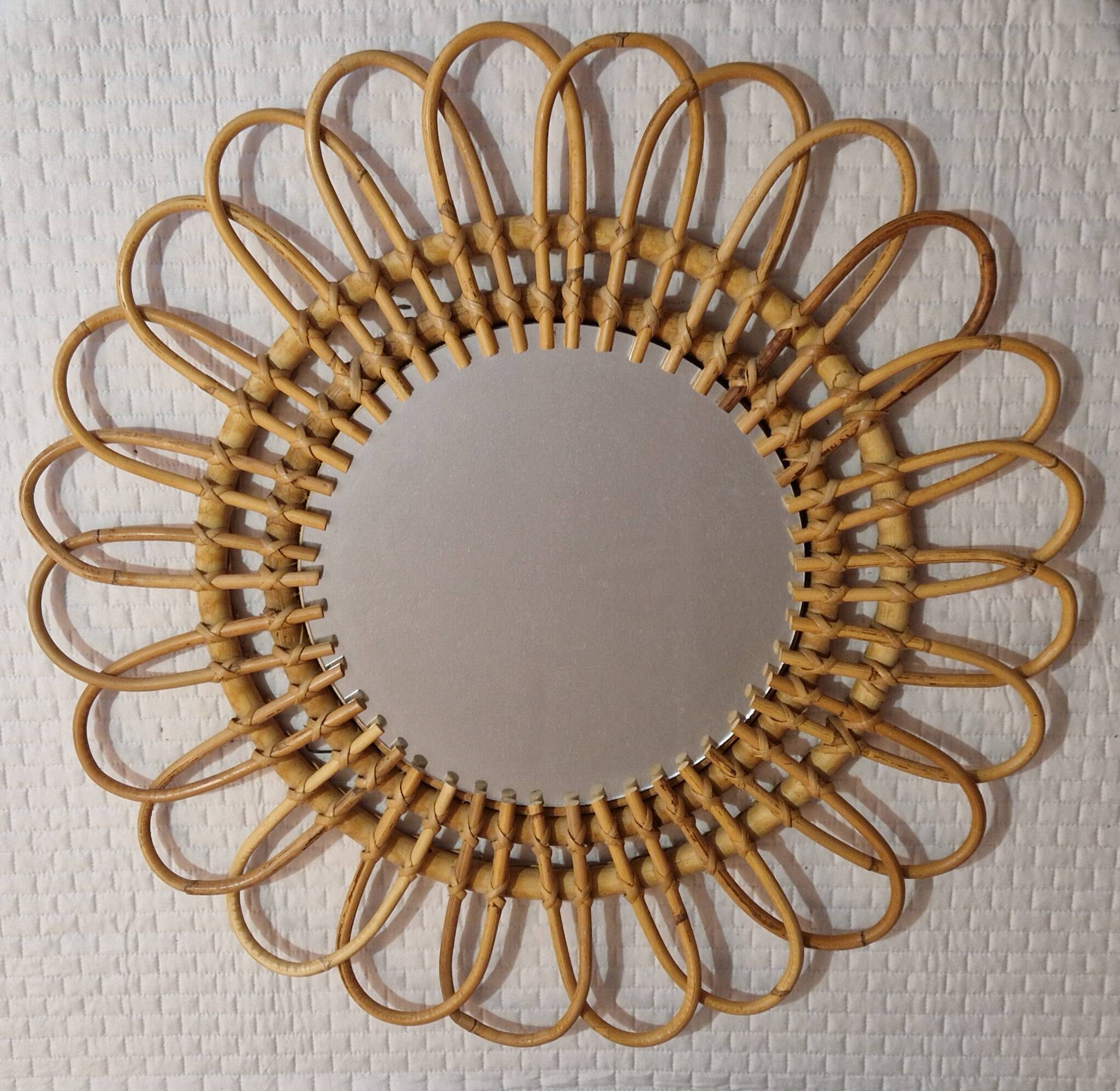 Vintage 70s style rattan sun mirror