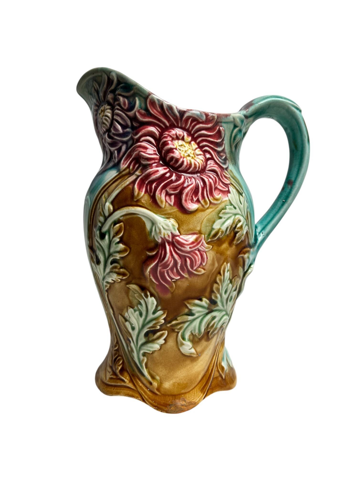 Barbotine pitcher jug from Onnaing Earthenware Factory circa 1900