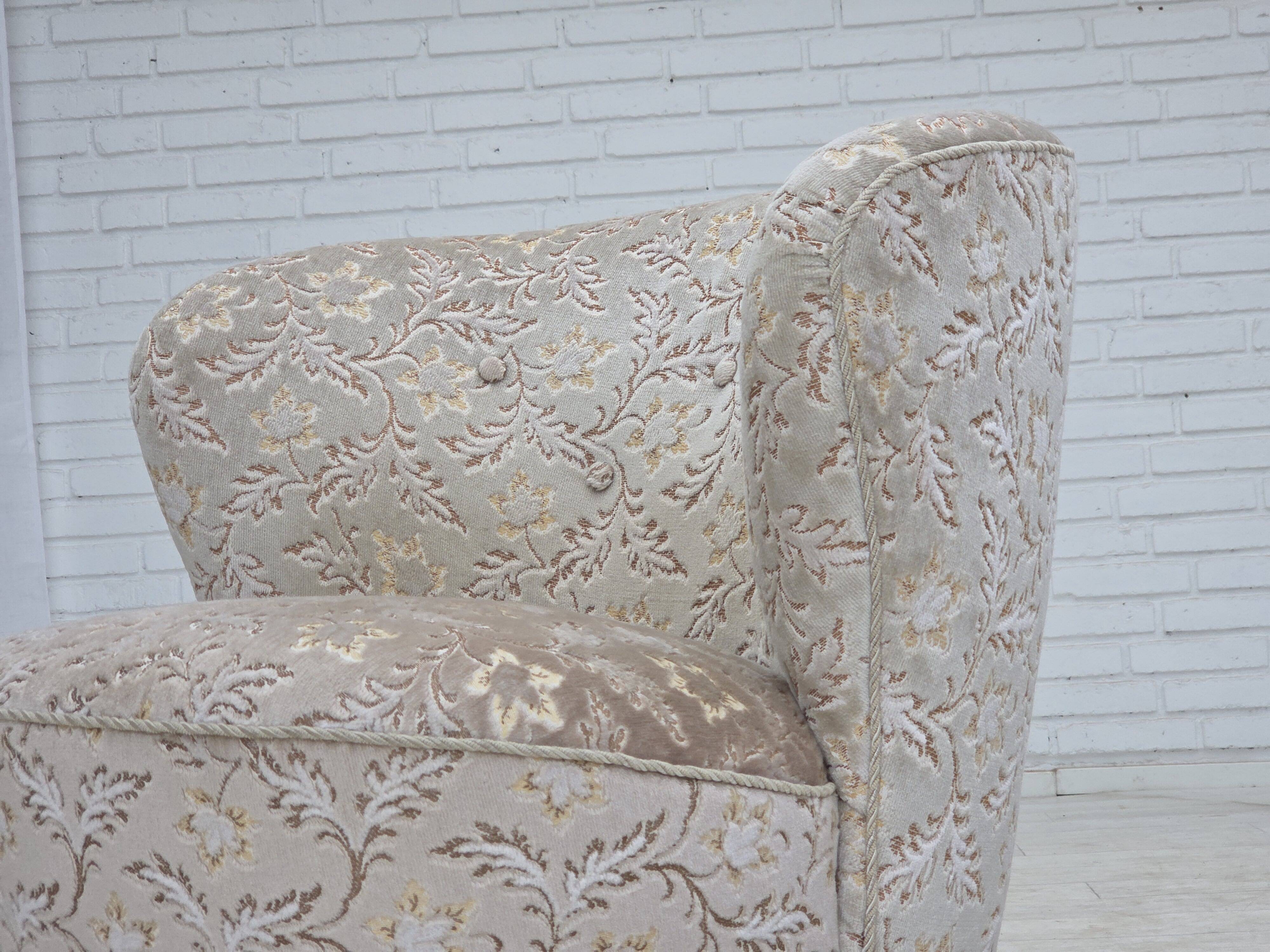 1970s, Danish curved armchair, original light green/gray furniture velour.